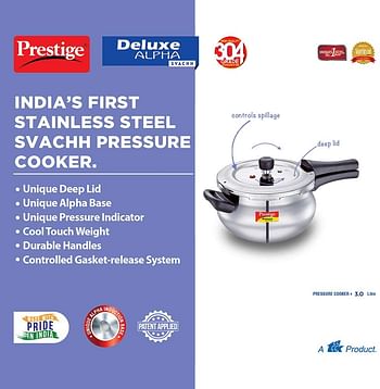 Prestige Deluxe Alpha Svachh Handi Pressure Cooker 3 Ltr | Stainless Steel Cooker with Lid | Precision Weight Valve - Silver