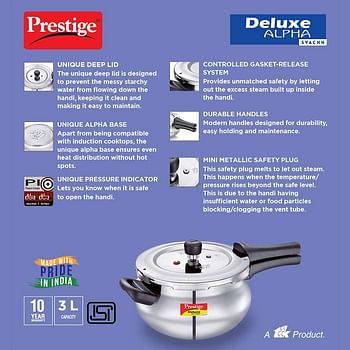 Prestige Deluxe Alpha Svachh Handi Pressure Cooker 3 Ltr | Stainless Steel Cooker with Lid | Precision Weight Valve - Silver