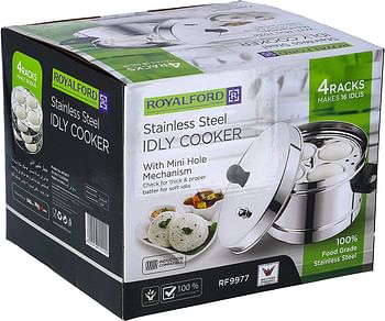 Royalford Stainless Steel Idly Cooker 4L 4 Racks 16 Idlis, Induction Compatible & Dishwasher Safe, Food Grade Material Heat Resistant Handle & Steam Vent RF9977