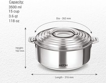 Milton Thermosteel Galaxia Casserole Steelplain 3.3 Liters 3500 ml - Silver