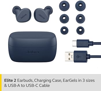 Jabra Elite 2 In Ear Wireless Bluetooth Earbuds – Noise Isolating True Wireless buds with 2 built-in Microphones, Rich Bass, Customizable Sound and Alexa Built-in (Android Only) - Navy/One size