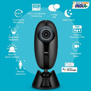 Qubo Smart Home Security WiFi Camera with Intruder Alarm System | 1080p Full HD 2MP Camera | Weather Resistant | Alexa & OK Google Enabled | by Hero Group /Black/One Size