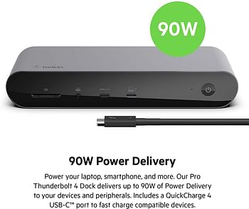 Belkin Thunderbolt 4 Dock Pro, Single 8K @ 60hz, Dual 4K Display Compatible, 2 x Thunderbolt 4 Port, 2 x HDMI Port, 90W Power Delivery PD, Audio In/Out, Compatible with MacBook Pro, XPS, and More/Gray/ports 12