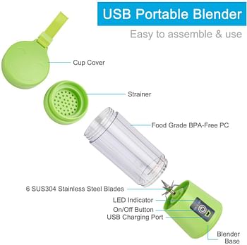 La Hestiare Portable Blender, Personal Size Blender Shakes and Smoothies, Mini Juicer Cup USB Rechargeable, Handheld Travel Blender Fruit Mixer 380ml (Green)