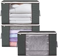 SKY-TOUCH 3 Pieces Large Capacity Sized Bags, Clothes Storage Bag Organizers, Foldable, Durable and Space Saver with See-Through Window and Carry Handles/Grey
