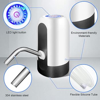 SKY-TOUCH 5 Gallon Water Bottle Pump, USB Charging Portable Electric Water Pump for for for 2-5 Gallon Jugs USB Charging Portable Water Dispenser for Office, Home, Camping, Kitchen and etc. White/One Size