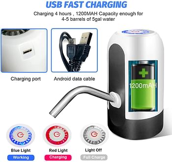 SKY-TOUCH 5 Gallon Water Bottle Pump, USB Charging Portable Electric Water Pump for for for 2-5 Gallon Jugs USB Charging Portable Water Dispenser for Office, Home, Camping, Kitchen and etc. White/One Size