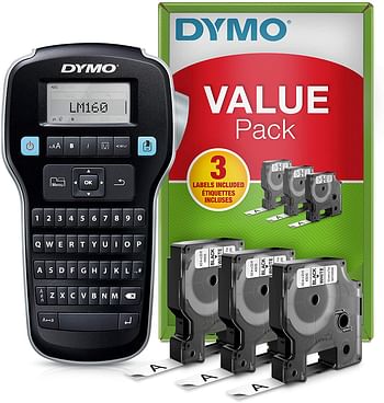 DYMO Labelmanager, 160 Label Maker Starter Kit Handheld Label Maker Machine + 3 Tape 12Mmx7 Mtr White Qwerty Keyboard Ideal For Office Or Home Value Pack, 2142267/Label Maker Exclusive Set/Black/One Size