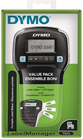 DYMO Labelmanager, 160 Label Maker Starter Kit Handheld Label Maker Machine + 3 Tape 12Mmx7 Mtr White Qwerty Keyboard Ideal For Office Or Home Value Pack, 2142267/Label Maker Exclusive Set/Black/One Size