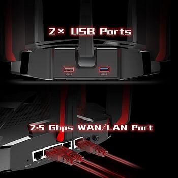 راوتر تي بي-لينك WiFi 6 جيجا ثلاثي التردد AX6600-سرعة 4804Mbps -5 جيجاهرتز+1201Mbps-5 جيجاهرتز+574Mbps-2.4 جيجاهرتز-1×2.5 Gbps+4×منفذ لان 1Gbps-لالعاب Xbox/PS4/ستيم و4كيه/8 كيه، وانميش-ArcherAX90