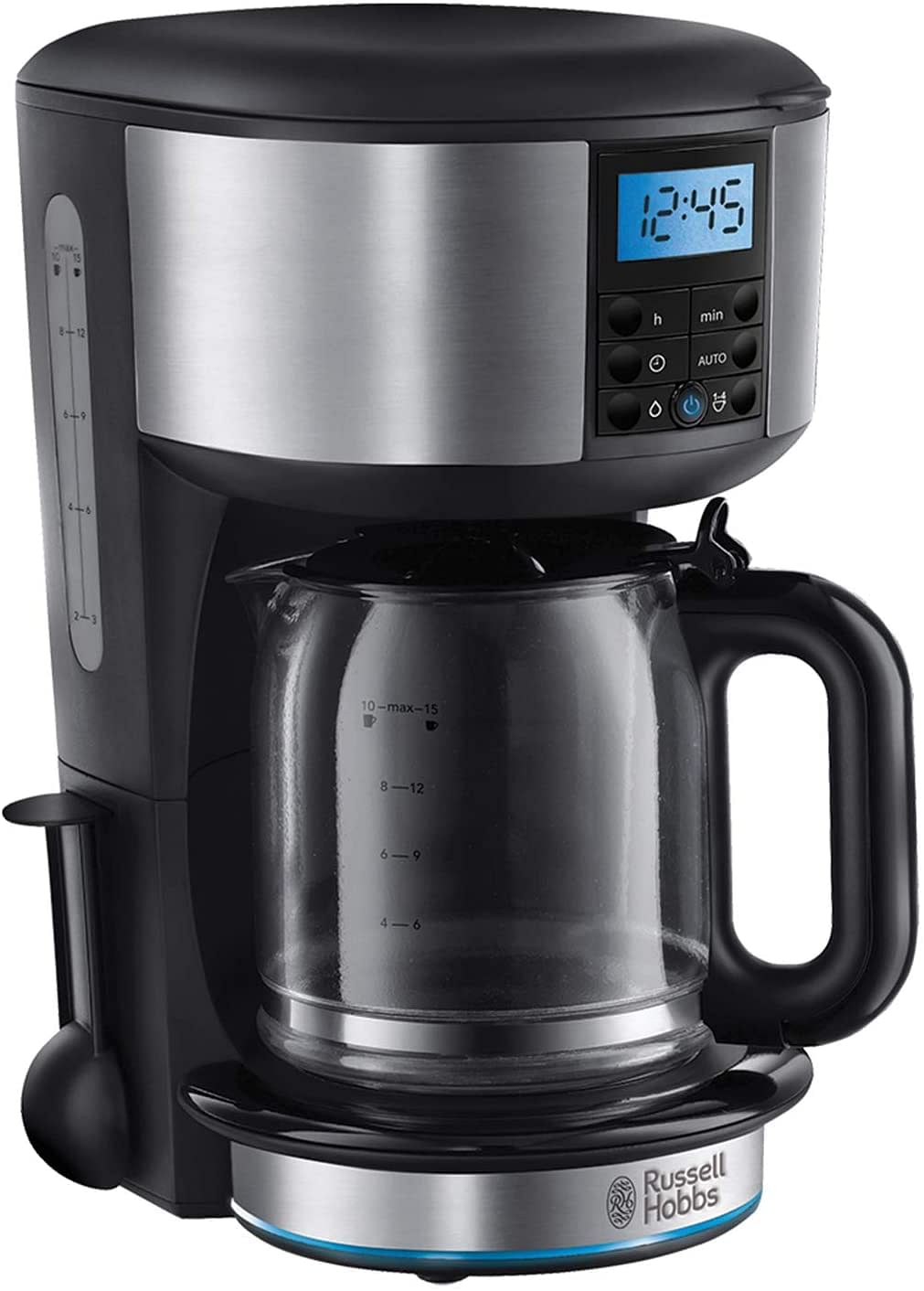 Russell Hobbs Buckingham Coffee Maker Filter Coffee Machine, 1.25 Litre 1000Watts Stainless Steel, Black/Silver -20680