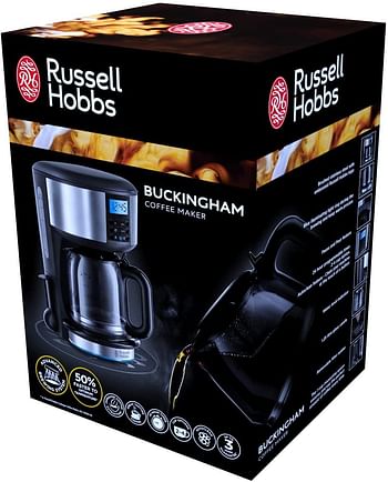Russell Hobbs Buckingham Coffee Maker Filter Coffee Machine, 1.25 Litre 1000Watts Stainless Steel, Black/Silver -20680