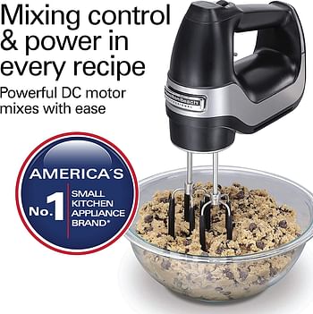 Hamilton Beach Professional 7-Speed Electric Hand Mixer with Digital Display, Quiet DC Motor, Beater, Whisk, Dough Hook, Snap-On Storage Case, 200 watts, Black, 62655-SA /Black/One Size