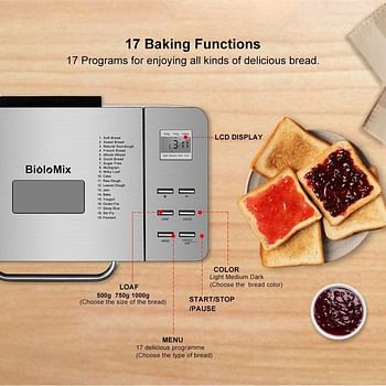 Biolomix Stainless Steel 1KG 17-in-1 Automatic Bread Maker 650W Programmable Bread Machine with 3 Loaf Sizes Fruit Nut Dispenser