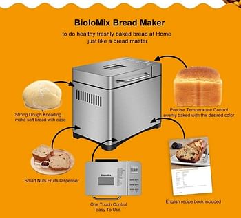 Biolomix Stainless Steel 1KG 17-in-1 Automatic Bread Maker 650W Programmable Bread Machine with 3 Loaf Sizes Fruit Nut Dispenser