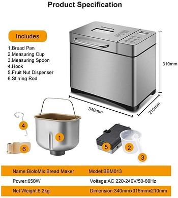 Biolomix Stainless Steel 1KG 17-in-1 Automatic Bread Maker 650W Programmable Bread Machine with 3 Loaf Sizes Fruit Nut Dispenser