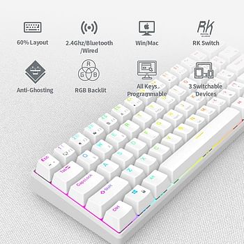 RK ROYAL KLUDGE RK61 wireless 60% Mechanical Gaming Keyboard RGB Backlit Ultra-Compact Keyboard for iOS, Android, Windows and Mac with 1450mAh Battery, Hot-Swappable Red Switch - White /One Size