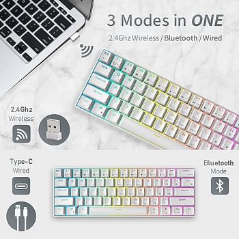 RK ROYAL KLUDGE RK61 wireless 60% Mechanical Gaming Keyboard RGB Backlit Ultra-Compact Keyboard for iOS, Android, Windows and Mac with 1450mAh Battery, Hot-Swappable Red Switch - White /One Size