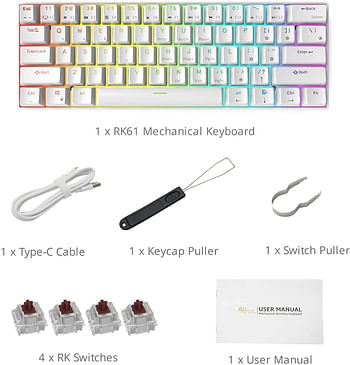 RK ROYAL KLUDGE RK61 wireless 60% Mechanical Gaming Keyboard RGB Backlit Ultra-Compact Keyboard for iOS, Android, Windows and Mac with 1450mAh Battery, Hot-Swappable Red Switch - White /One Size