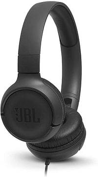 JBL Tune 500 Wired On-Ear Headphones, Deep JBL Pure Bass Sound, 1-Button Remote/Mic, Lightweight and Foldable Design, Tangle-Free Flat Cable, Voice Assistant - Black, JBLT500BLK