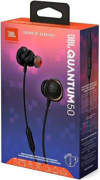 JBL Quantum 50 Wired In-Ear Gaming Headset with Volume Slider Mic Mute Inline Voice-Focus Mic Realistic Soundstage Twistlock Technology Ultra-Soft Silicon PC and Consoles Compatible One Size - Black