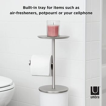 Umbra Portaloo Free Toilet Paper Holder Stand– Attractive Modern Bathroom Storage, Shelf, White/Nickel/With Storage + Shelf