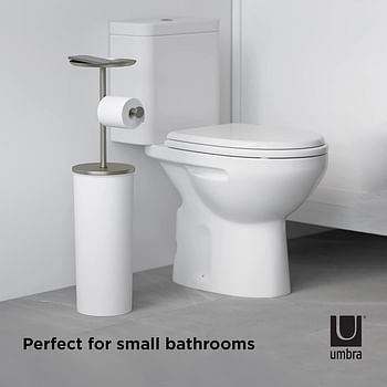 Umbra Portaloo Free Toilet Paper Holder Stand– Attractive Modern Bathroom Storage, Shelf, White/Nickel/With Storage + Shelf