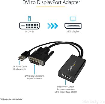 StarTech.com DVI to DisplayPort Adapter - USB Power - 1920 x 1200 - DVI to DisplayPort Converter - Video Adapter - DVI-D to DP (DVI2DP2)/One Size/Black