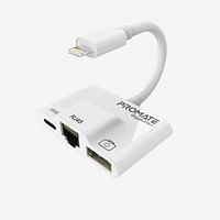 Promate OTG Lightning Hub, Ultra-Compact 3-In-1 Lightning to Digital Camera USB Adapter Kit with RJ45 Ethernet Port and Sync and Charge Lightning Port for iPhone, iPad Pro, iPod, GigaLink-i/White/One Size