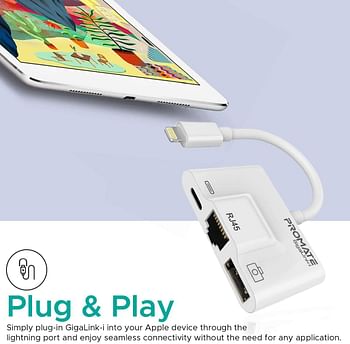 Promate OTG Lightning Hub, Ultra-Compact 3-In-1 Lightning to Digital Camera USB Adapter Kit with RJ45 Ethernet Port and Sync and Charge Lightning Port for iPhone, iPad Pro, iPod, GigaLink-i/White/One Size