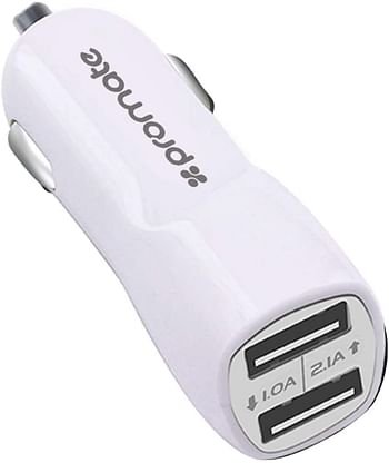 Promate Vivid 3100 mAh Dual USB Car Charger for Mobile Phones, White, vivid.white