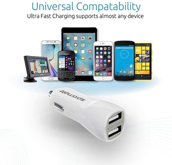 Promate Vivid 3100 mAh Dual USB Car Charger for Mobile Phones, White, vivid.white