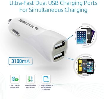 Promate Vivid 3100 mAh Dual USB Car Charger for Mobile Phones, White, vivid.white