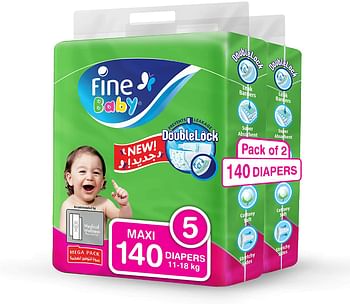 Fine Baby Diapers Size 5 (11-18 kg) Maxi, 140 count, mega pack - NEW Double Lock leak barriers