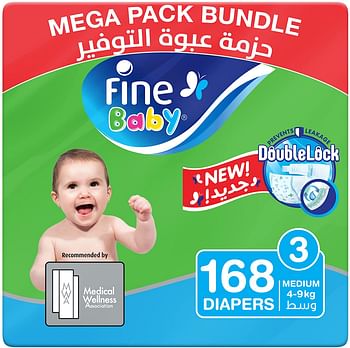 Fine Baby Diapers Size 3 (4 - 9 kg) Medium, 84 count(Pack of 2), Total 168 count, Mega pack - NEW Double Lock leak barriers/168/Size 3