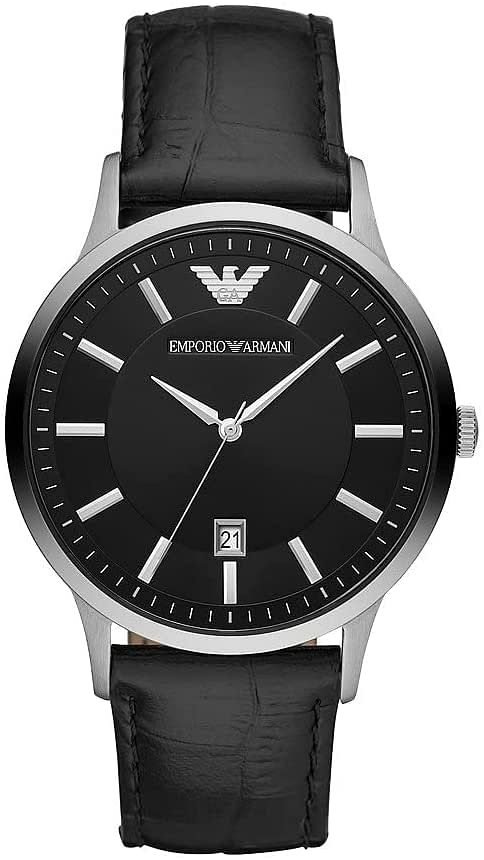 Emporio Armani Men's Black Dial Leather Analog Watch - AR11186, Silver/Black - 43 MM