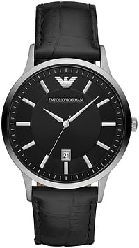 Emporio Armani Men's Black Dial Leather Analog Watch - AR11186, Silver/Black - 43 MM