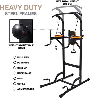 Sky Land Pro Home Workout Steel Power Towermultifunction Adjustable Height Station For Dip Stand, Pull & Push Upsup To 130 Kgs User Weightem 1841, Black, EM-1841