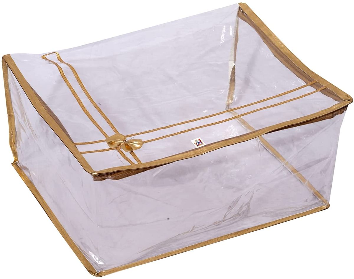 Fun Homes Bow Design 7"inch Transparent Saree Cover/Clothes Organiser For Wardrobe With Golden Border (Gold)-HS_38_FUNH21546