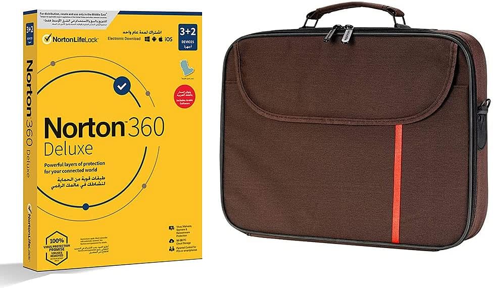 Laptop bag, Datazone shoulder bag 15.6 inch Brown with Norton N360 Deluxe 50 GB PC cloud backup AR 1 user 3+2 Device.