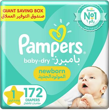 Pampers New Baby-Dry Diapers, Size 1, Newborn, 2-5kg, Giant Box, 172 Count White
