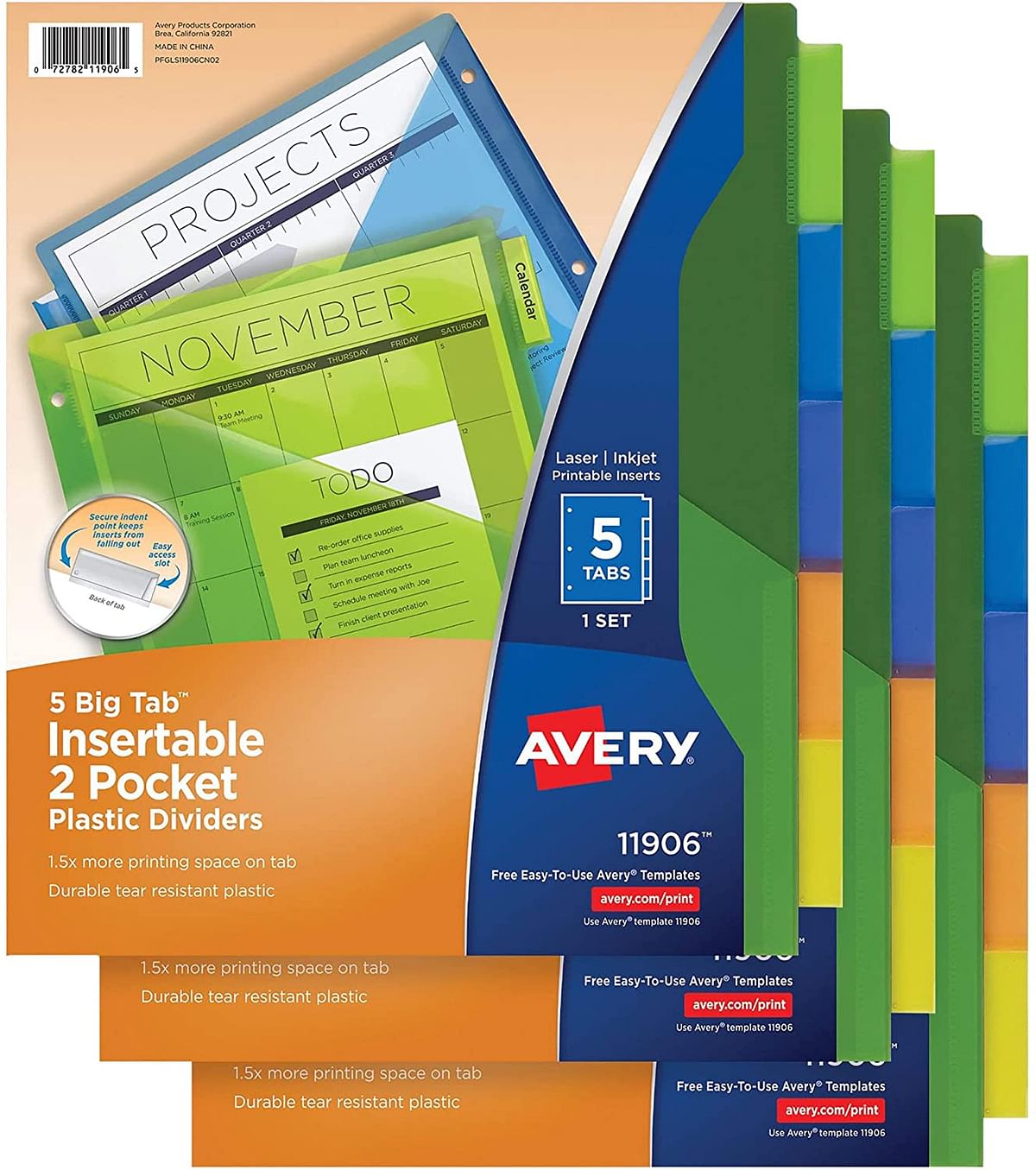 Avery Dividers for 3 Ring Binders, 5-Tab Binder Dividers, Two-Pocket Plastic Binder Dividers, Insertable Big Tabs, Multicolor, 3 Sets (71906)