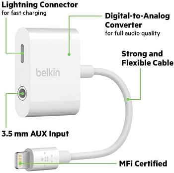 Belkin Audio & Charge Rockstar 3.5 mm iPhone Adapter (iPhone Aux Adapter, iPhone Charging Adapter for iPhone 11, 11 Pro, 11 Pro Max, XS, XS Max, XR, 8, 8 Plus and More) - White, F8J212BT