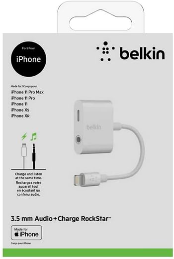 Belkin Audio & Charge Rockstar 3.5 mm iPhone Adapter (iPhone Aux Adapter, iPhone Charging Adapter for iPhone 11, 11 Pro, 11 Pro Max, XS, XS Max, XR, 8, 8 Plus and More) - White, F8J212BT