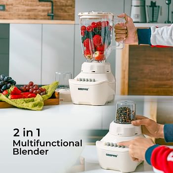 Geepas GSB5409 250W 2 in 1 Multifunctional Blender | Stainless Steel Blades, 4 Speed Control with Pulse | 1.5L Jar, Over Heat Protection| Ice Crusher, Chopper, Coffee Grinder & Smoothie Maker 2 in 1 - 250W