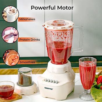 Geepas GSB5409 250W 2 in 1 Multifunctional Blender | Stainless Steel Blades, 4 Speed Control with Pulse | 1.5L Jar, Over Heat Protection| Ice Crusher, Chopper, Coffee Grinder & Smoothie Maker 2 in 1 - 250W