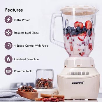 Geepas GSB5409 250W 2 in 1 Multifunctional Blender | Stainless Steel Blades, 4 Speed Control with Pulse | 1.5L Jar, Over Heat Protection| Ice Crusher, Chopper, Coffee Grinder & Smoothie Maker 2 in 1 - 250W