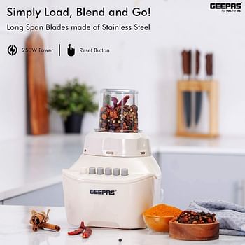 Geepas GSB5409 250W 2 in 1 Multifunctional Blender | Stainless Steel Blades, 4 Speed Control with Pulse | 1.5L Jar, Over Heat Protection| Ice Crusher, Chopper, Coffee Grinder & Smoothie Maker 2 in 1 - 250W