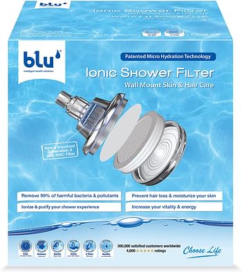 Blu Ionic Shower Filter Skin & Haircare Removes Chlorine & Harmful Pollutants - Prevents Hair loss & Moisturize your Skin - Wall Mounted Chrome