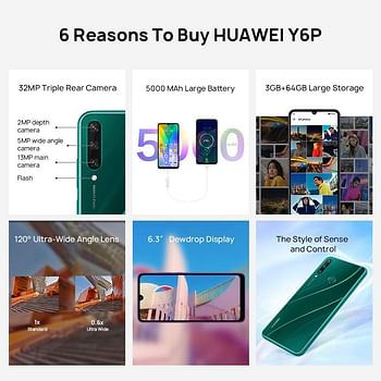 Huawei Y6p Smartphone with 6.3" Dewdrop Display(3 GB RAM+64 GB ROM, Octa-core Processor, 13MP Triple Camera, ultra wide angle lens, 5000 mAh Large Battery), Green